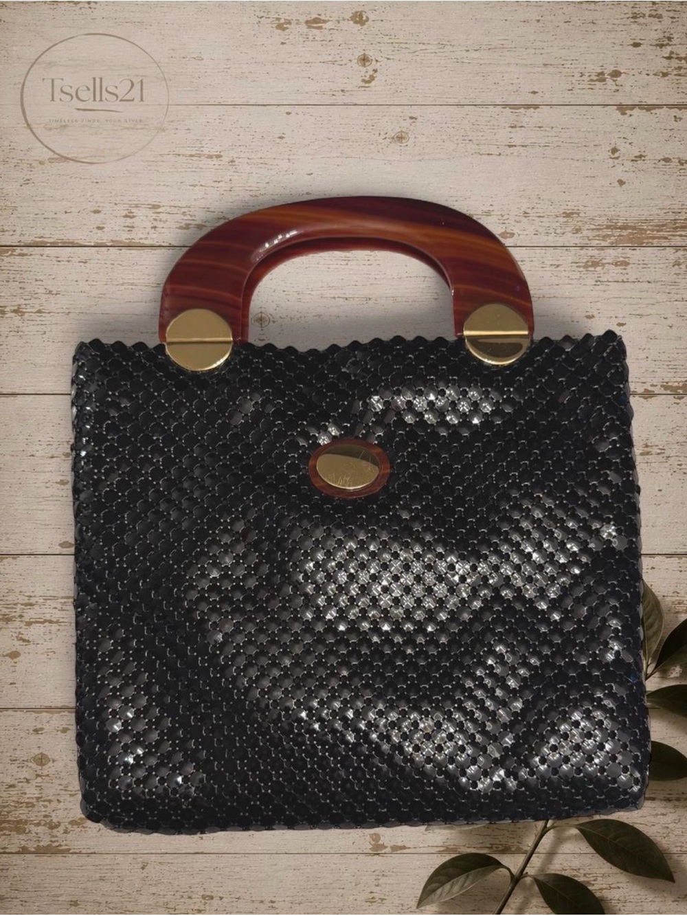 Whiting & Davis Black Sequin Mesh Handbag with Brown Tortoiseshell Handles